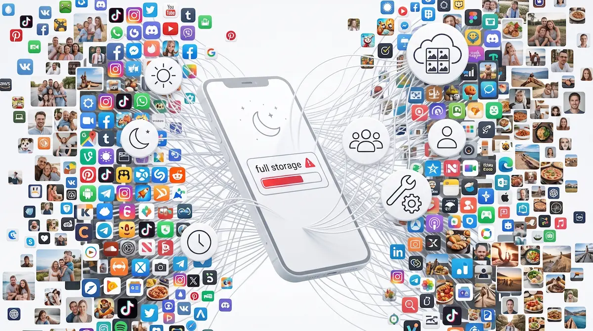 Tela de smartphone exibindo aviso de armazenamento cheio no telefone e opções para liberar espaço.
