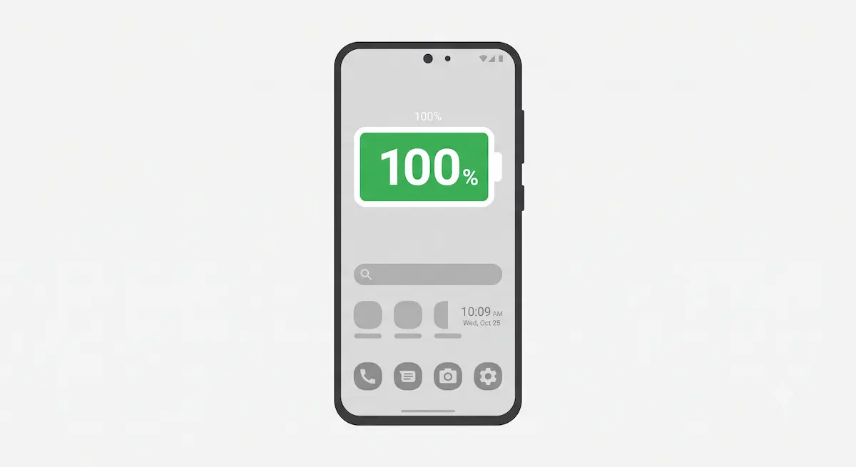 Bateria do Android durar mais representada por um smartphone moderno exibindo um ícone de bateria verde carregada a 100% num fundo minimalista