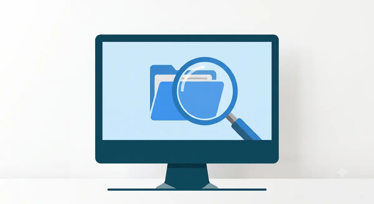 Como encontrar ficheiros gigantes no PC representado por uma ilustração minimalista de um monitor com uma lupa a focar numa pasta de ficheiros.
