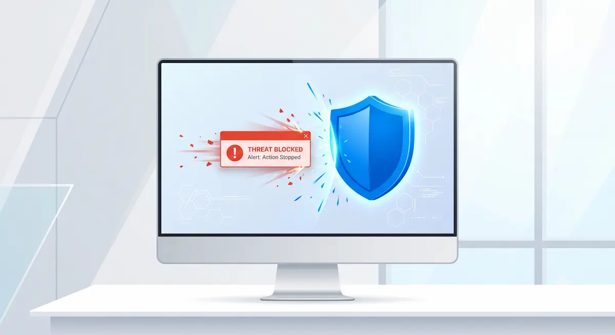 Remover antivirus falso do windows representado por um escudo de segurança limpo a bloquear um aviso de alerta num ecrã minimalista