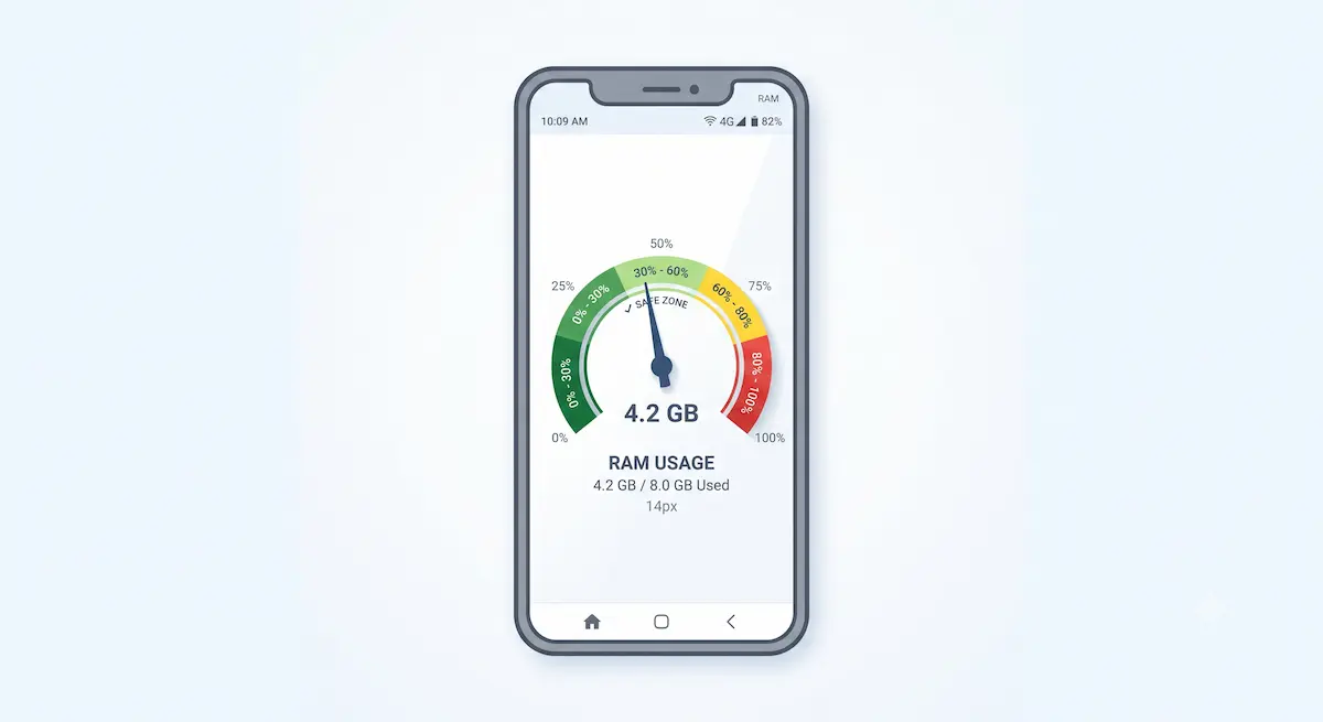Libertar memoria RAM no Android representado por um smartphone moderno com um medidor de velocidade na tela e fundo minimalista.