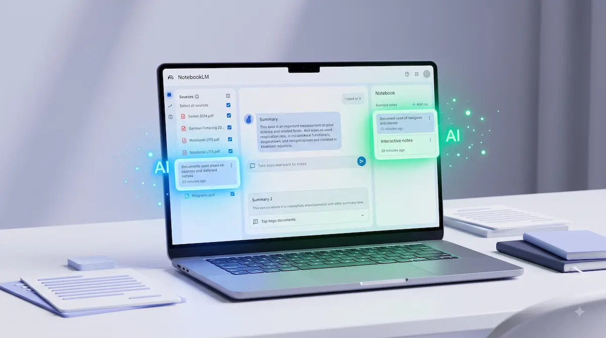 Pessoa a aprender como usar o notebooklm para organizar e resumir documentos num portátil.
