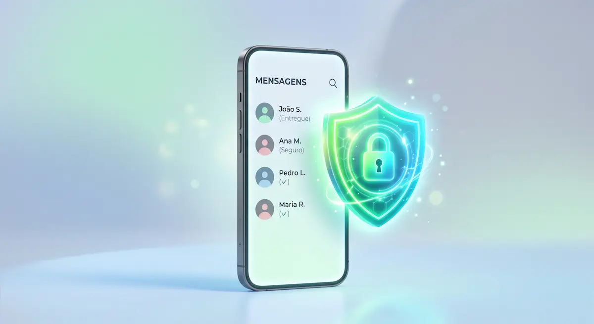 Pessoa a aprender como identificar golpes no whatsapp num smartphone protegido por um escudo de segurança.