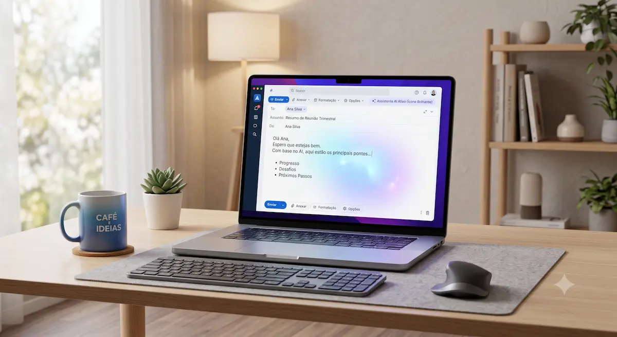 Pessoa a usar portátil para escrever email com ia num escritório moderno.