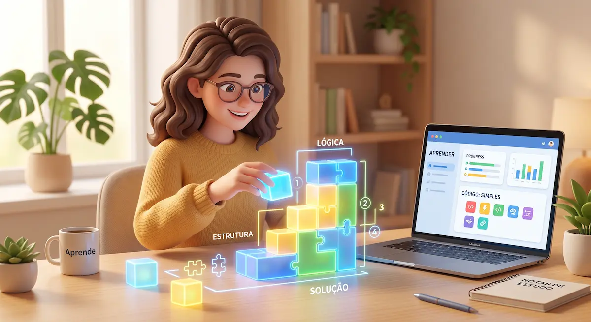 Pessoa a aprender o que e logica de programacao através de blocos lógicos num computador.
