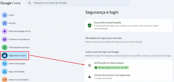 configuração da verificação em duas etapas da conta Google