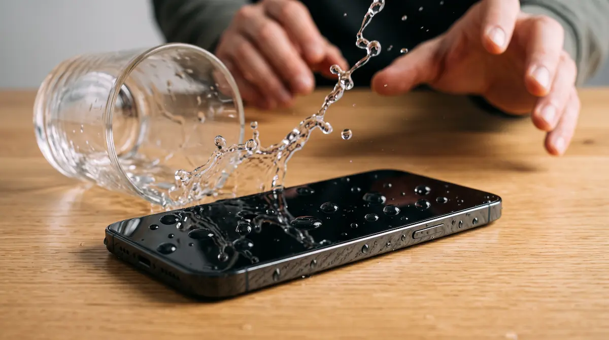 Pessoa segurando celular molhado com gotas de água para aprender o que fazer quando o celular caiu na água.