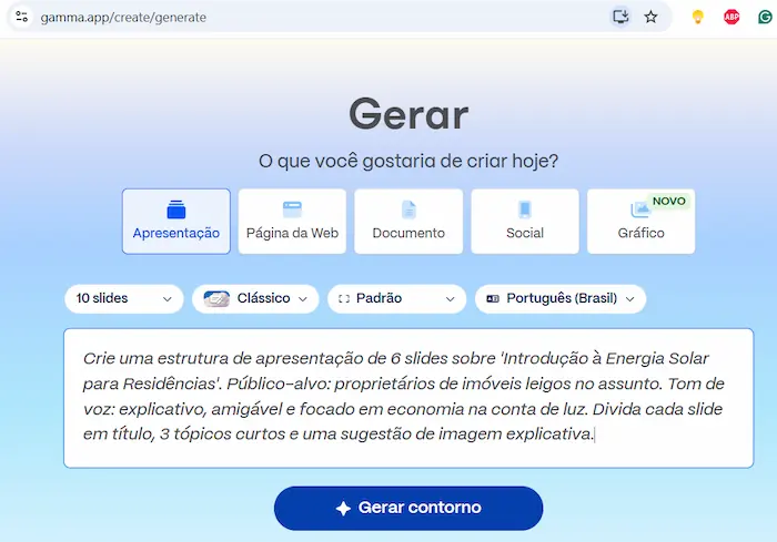 Interface do gerador de slides ensinando como criar apresentações com IA passo a passo.