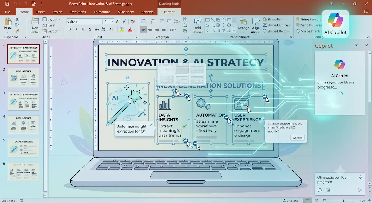 Tela de computador exibindo slides modernos ensinando como criar apresentações com IA de forma rápida