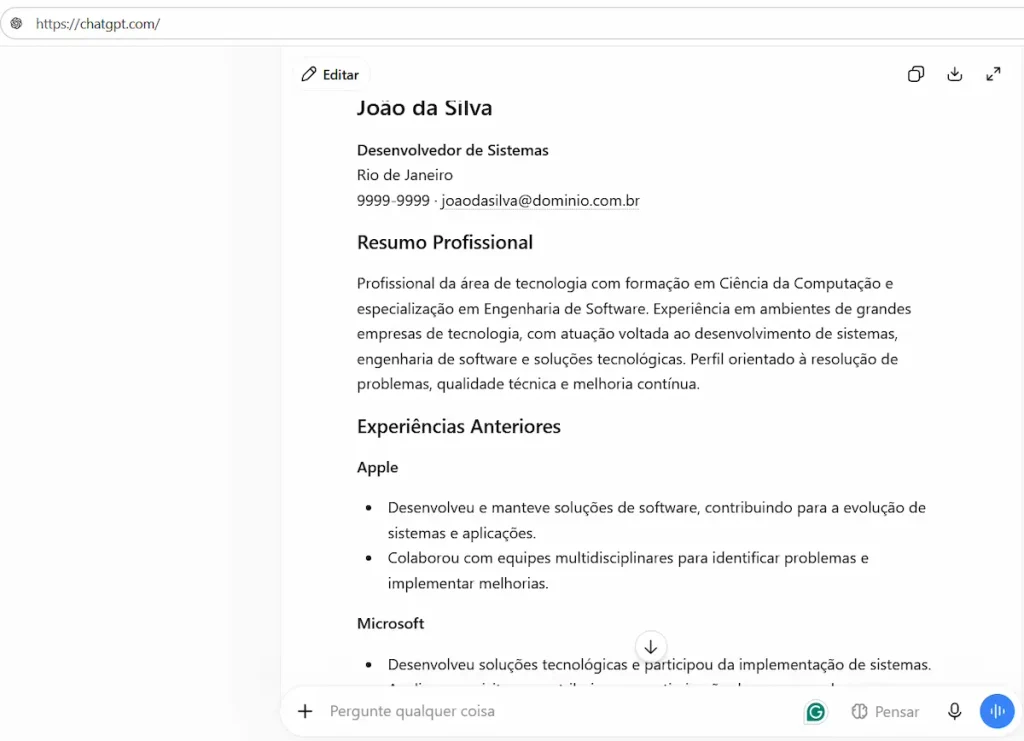 Exemplo de resultado ao criar currículo com IA passo a passo.